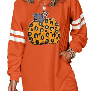 Women's Pumpkin Graphic Tunic, Orange Leopard Print Dress - Main View