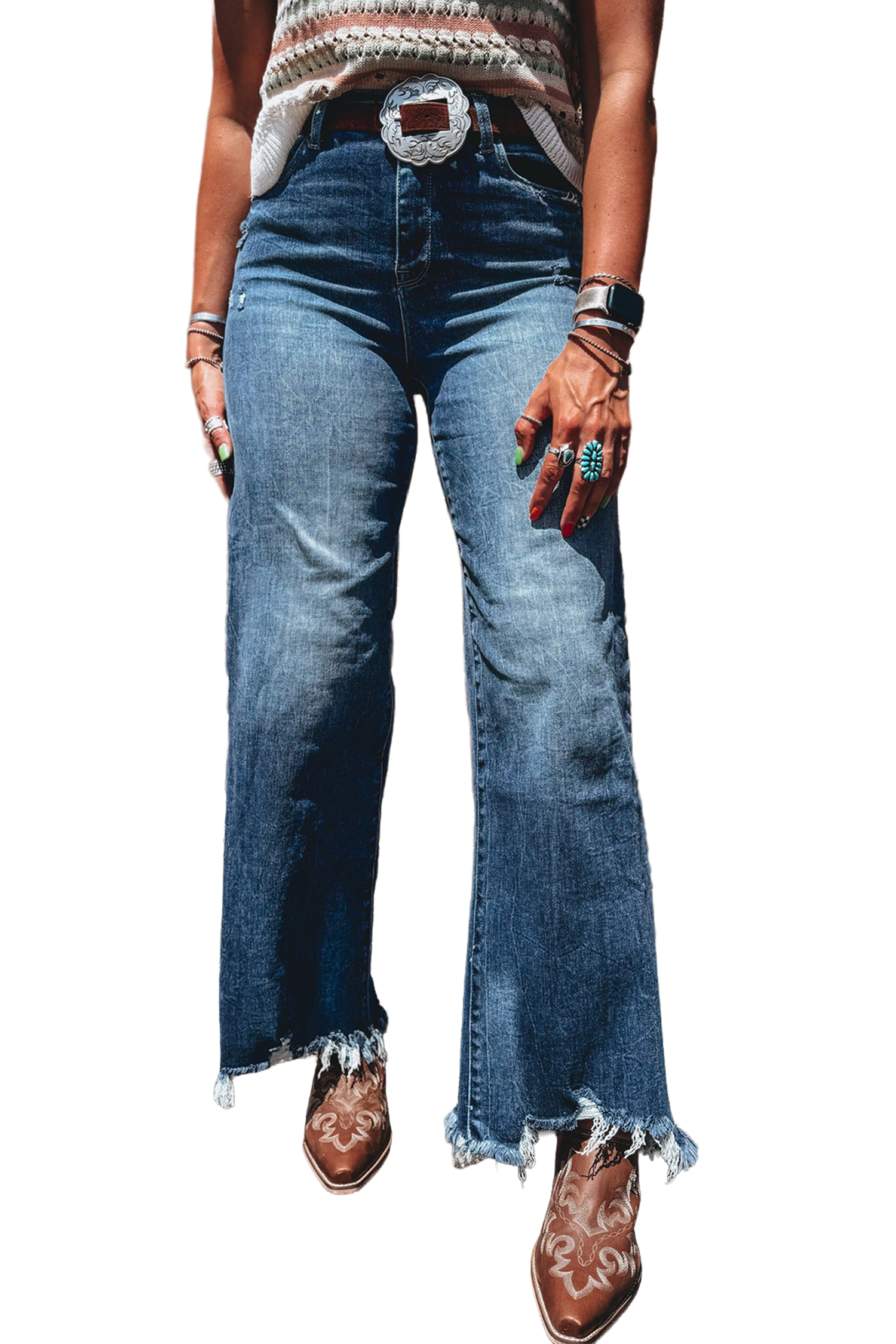 Women's High Waist Flare Jeans – Frayed Hem Denim Pants - Main View