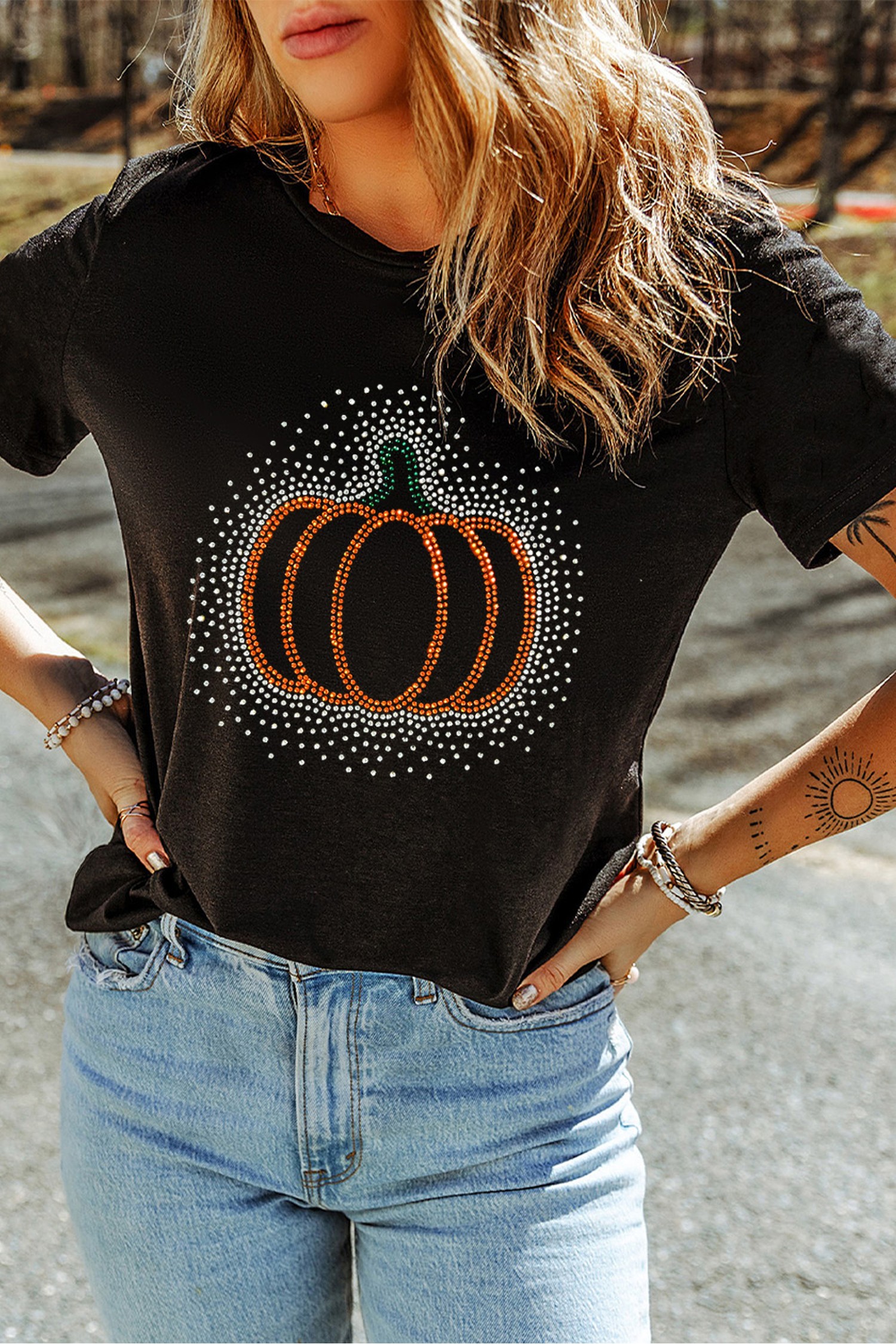 Women's Pumpkin Tee, Casual Rhinestone Graphic Shirt - Detail View 7