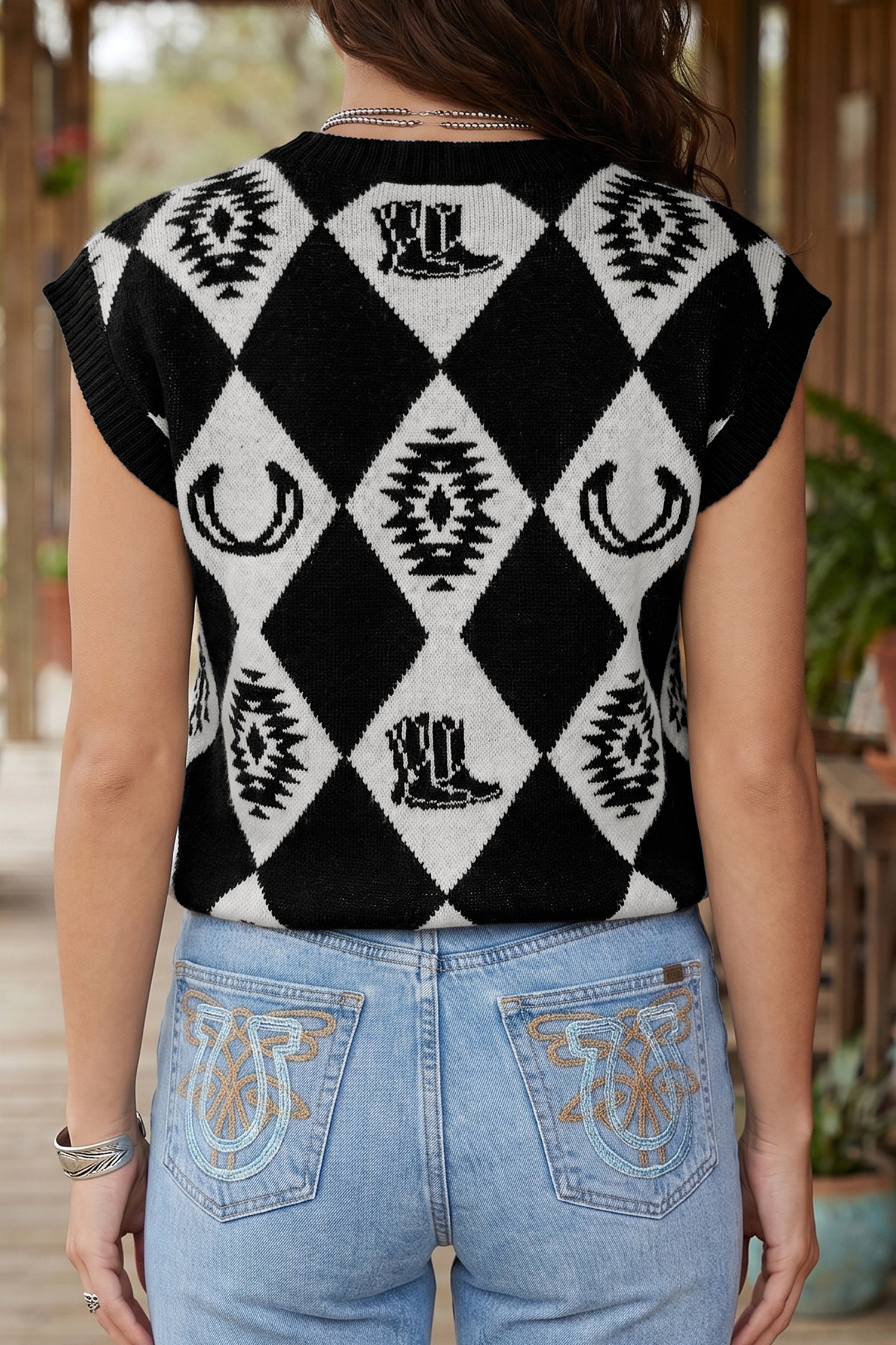 Retro Rhombus Western Sweater, Women's Short Sleeve Knit Top - Detail View 2