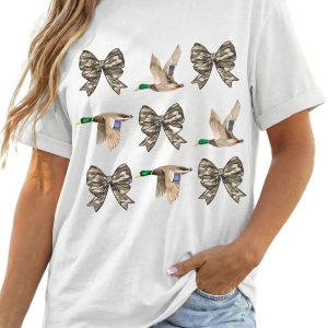 Women's Camo Bow Duck T Shirt, Casual White Crew Neck Top - Main View