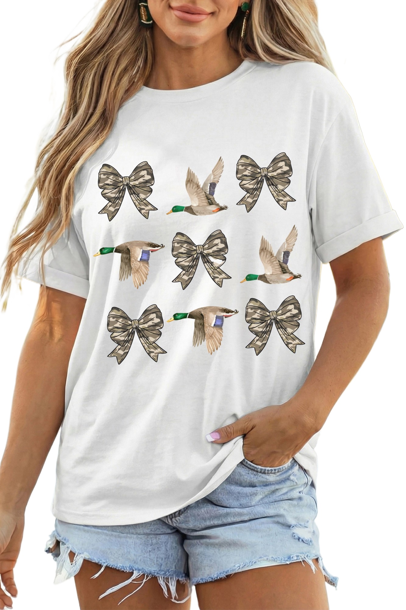 Women's Camo Bow Duck T Shirt, Casual White Crew Neck Top - Main View