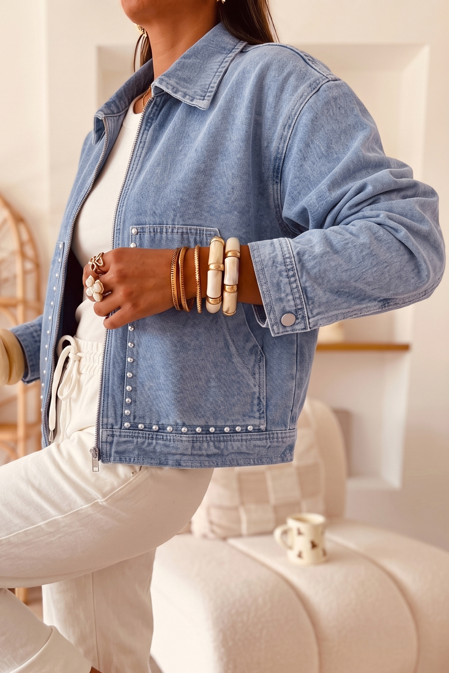 Beau Blue Denim Jacket, Collared Zip Up Casual Fall Coat - Detail View 6
