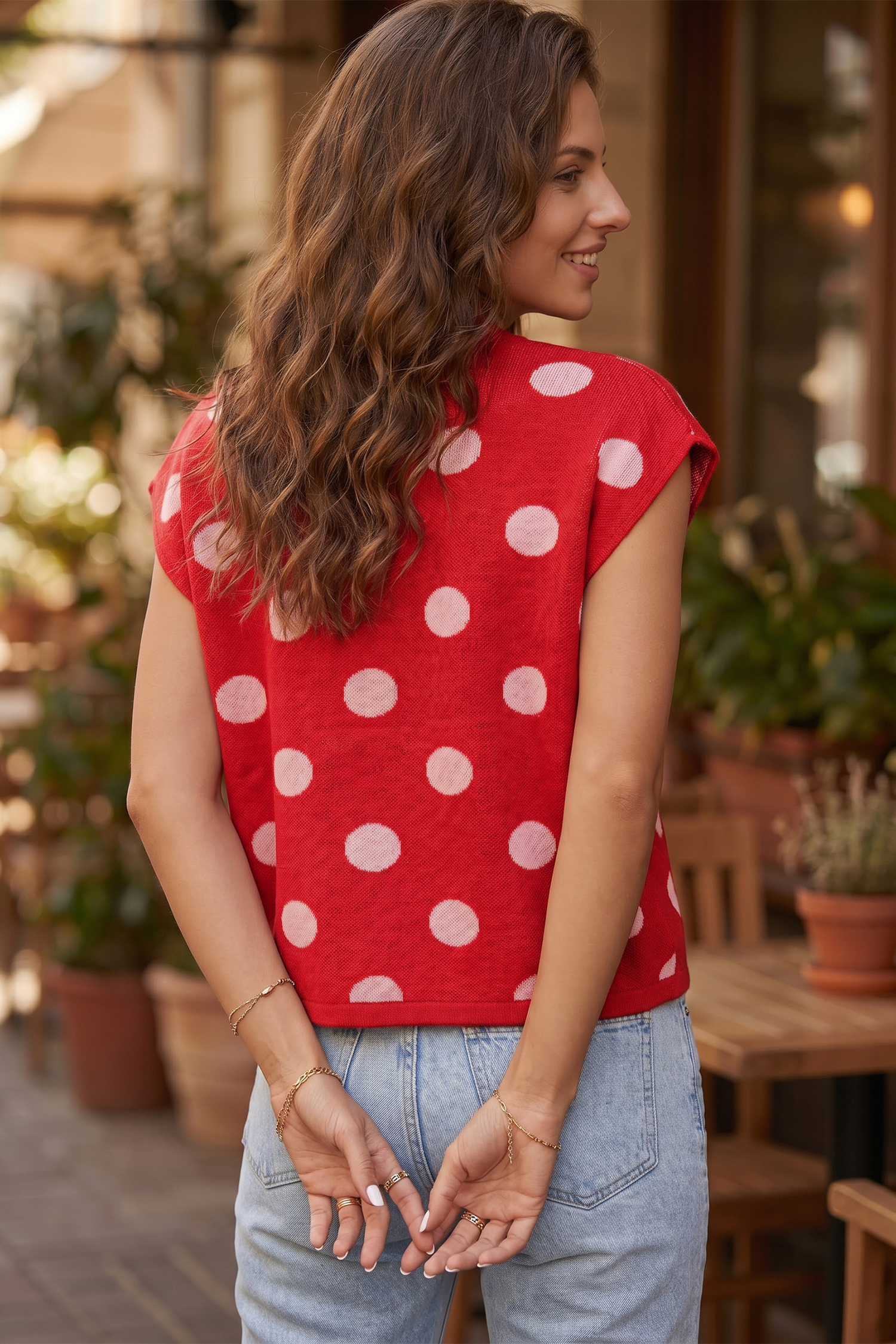 Vintage Style Polka Dot Knit Vest, Casual Round Neck Sweater - Detail View 2