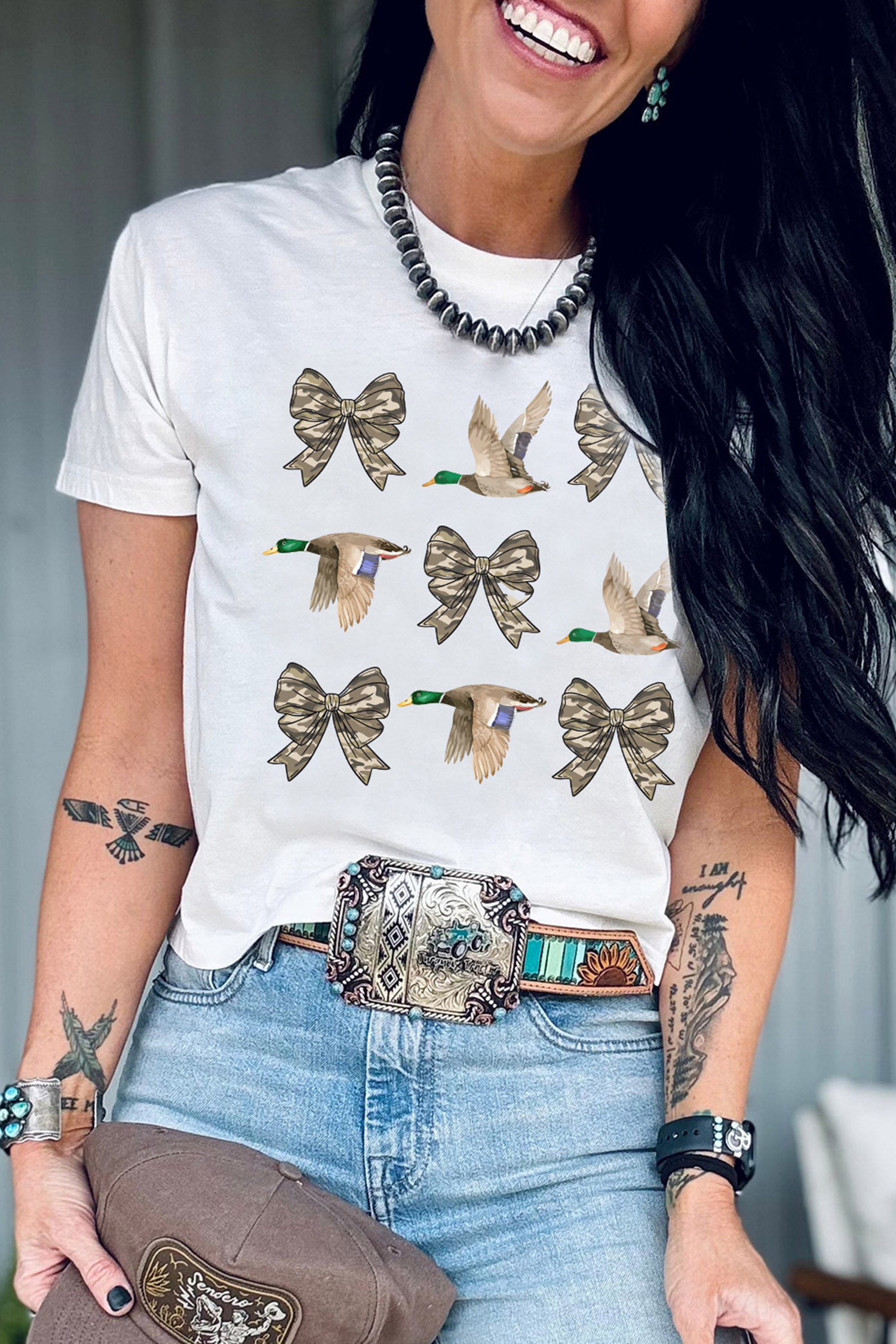 Soft Cotton Blend Duck Tee, Women's Camo Bow Graphic Top - Detail View 3
