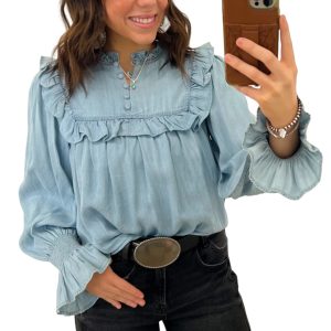 Women's Chambray Blouse, Western Ruffle V Neck Top - Main View