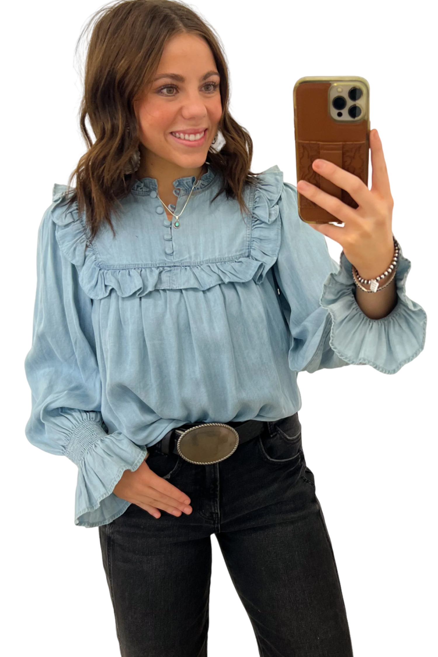 Women's Chambray Blouse, Western Ruffle V Neck Top - Main View