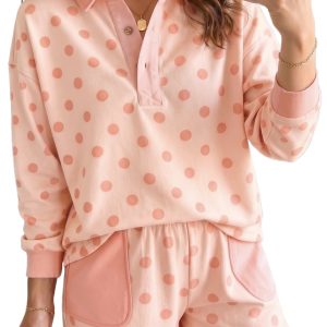 Women's Polka Dot Lounge Set, Pink Long Sleeve Polo Shorts - Main View