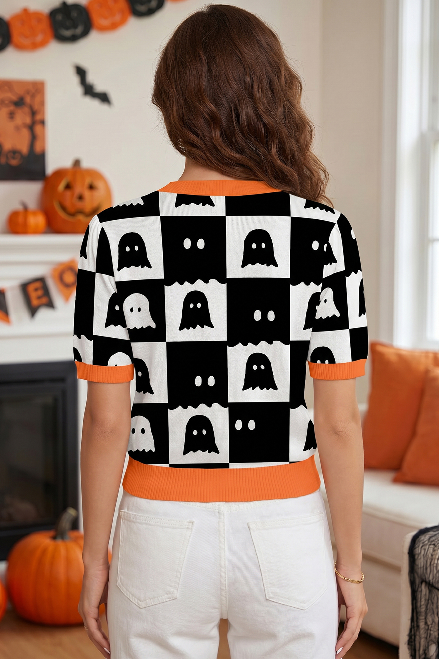 Ghost Print Color Block Sweater, Women's Festive Fall Knit - Detail View 2