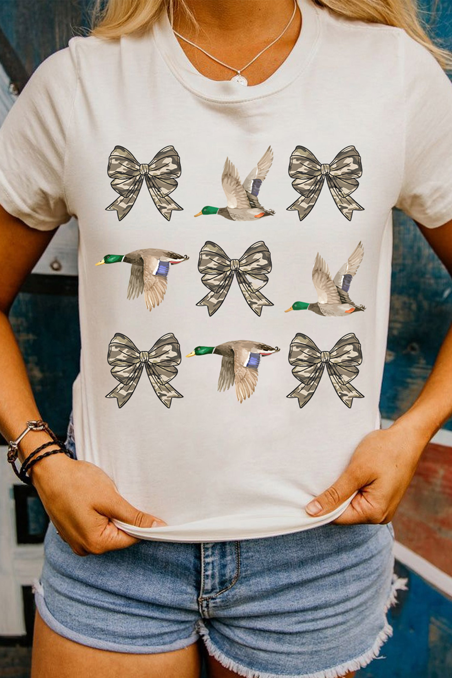 Western Camo Bow Duck Tee, Women's Summer Graphic T Shirt - Detail View 8