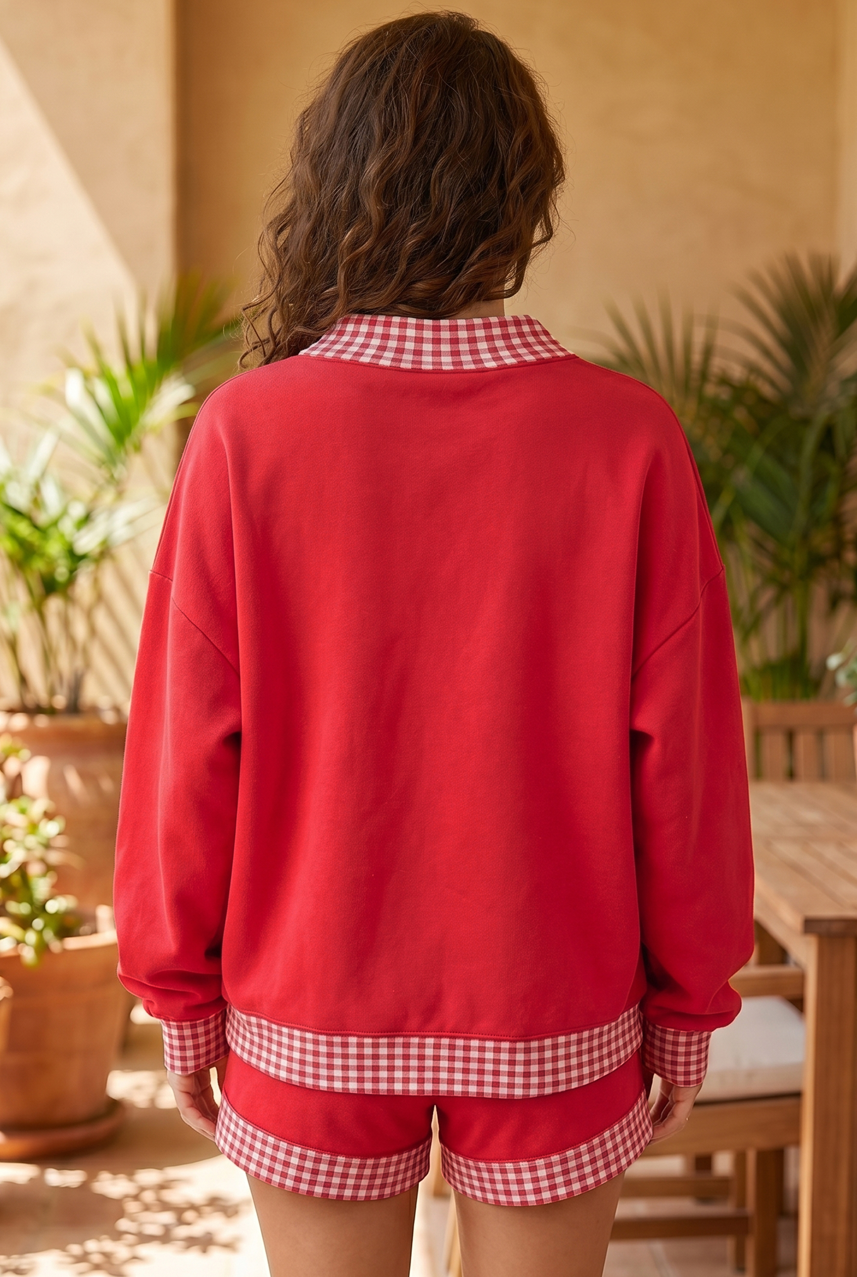 Fiery Red Gingham Trim Lounge Set, Long Sleeve Pullover Duo - Detail View 2