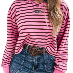 Women's Pink Striped V-Neck Top – Casual Long Sleeve Pullover - Main View