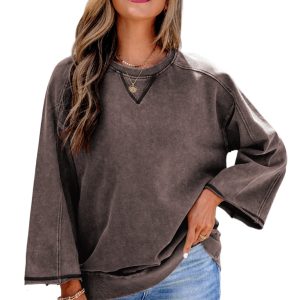 Women's Mineral Wash Sweatshirt, Casual Bracelet Sleeve Top - Main View