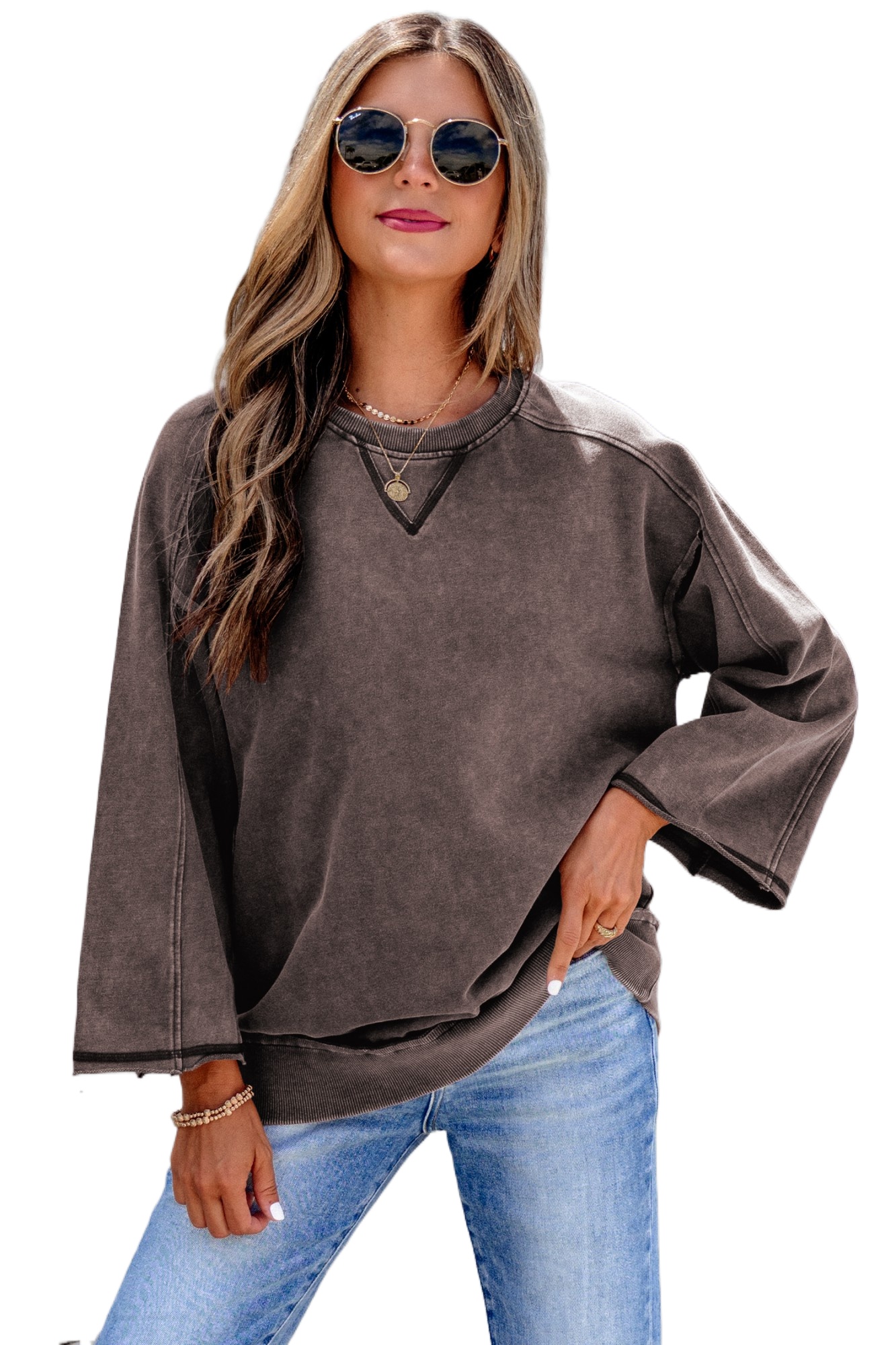 Women's Mineral Wash Sweatshirt, Casual Bracelet Sleeve Top - Main View