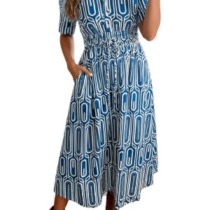 Women's Blue Geometric Print A-Line Midi Dress with Pockets - Main View