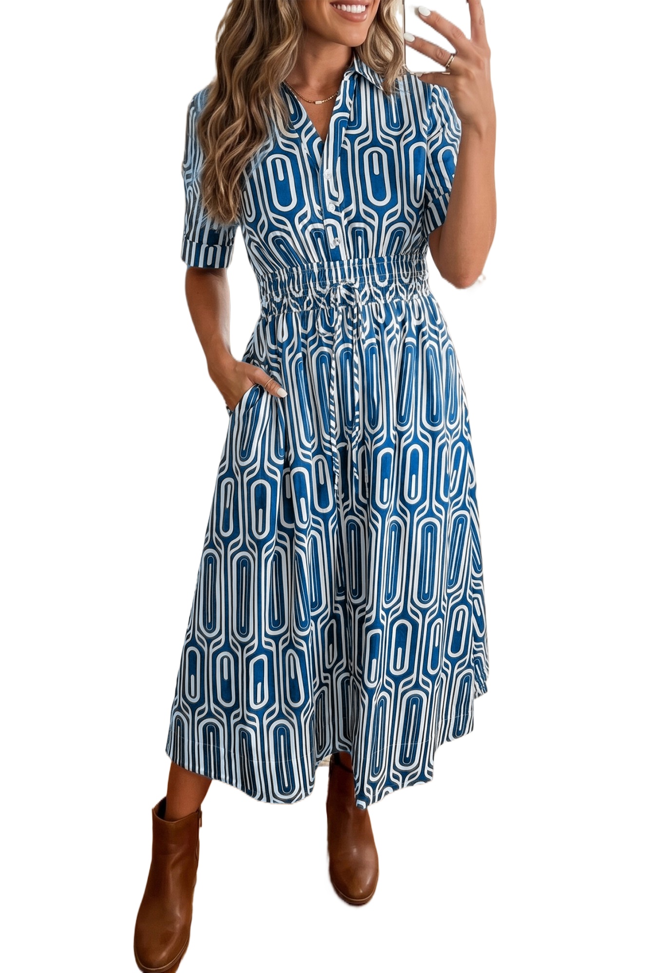 Women's Blue Geometric Print A-Line Midi Dress with Pockets - Main View