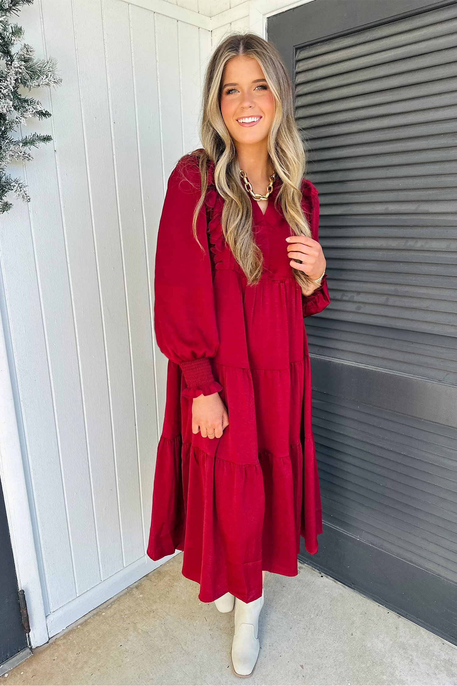 Women's Red Tiered Midi Dress, Long Sleeve Casual Fall Style - Detail View 7