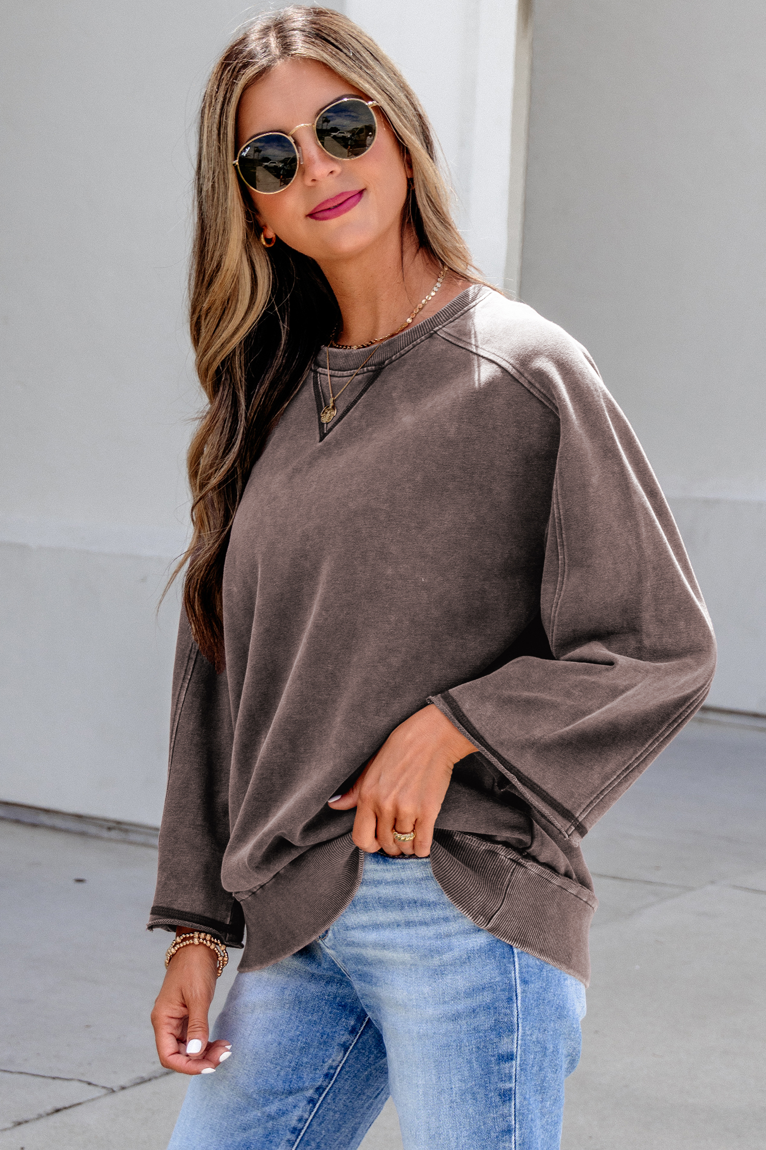 Women's Casual Cotton Top, Distressed Mineral Wash Crewneck - Detail View 3