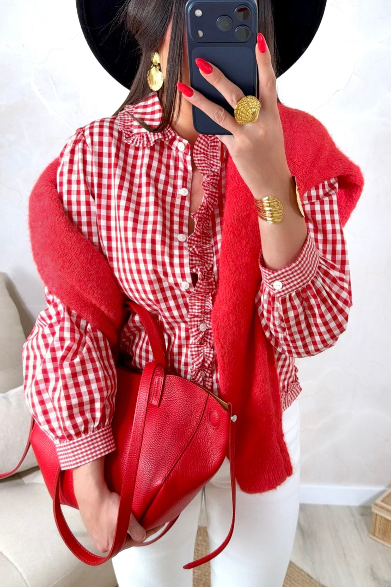 Chic Plaid Button Down Blouse – Women's Frill Collar Shirt - Detail View 3