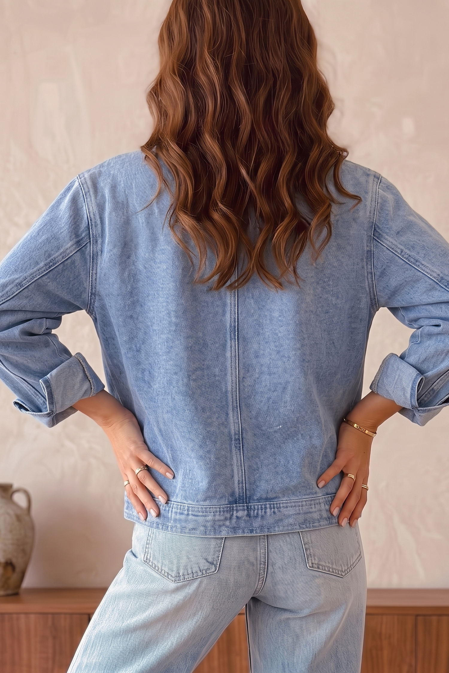 Pearl Studded Denim Jacket, Casual Long Sleeve Fall Layer - Detail View 2