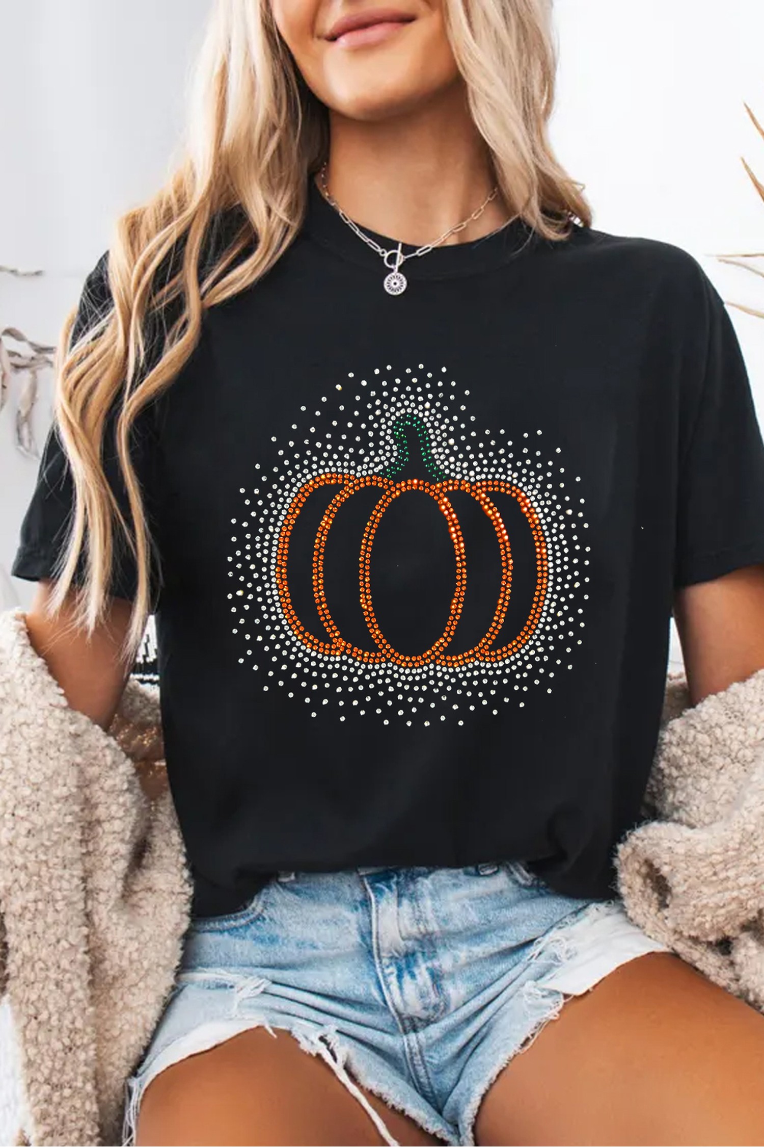 Women's Graphic T Shirt, Rhinestone Pumpkin Fall Tee - Detail View 8
