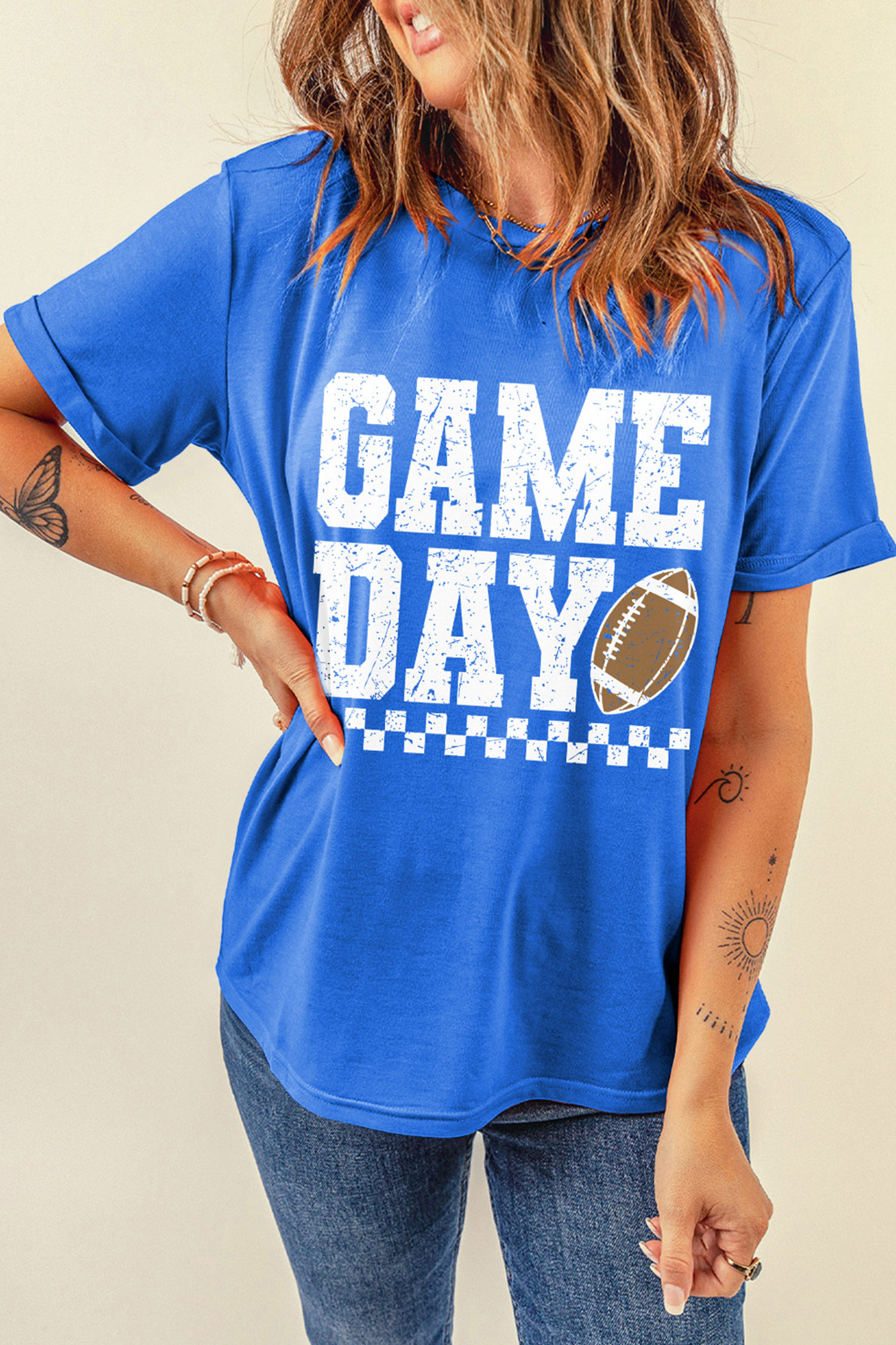 Blue Football Season Graphic Tee, Relaxed Crewneck Summer Top - Detail View 5