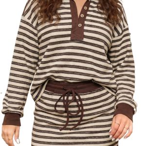 Brown Stripe 2-Piece Skirt Set – Women's Long Sleeve Outfit - Main View