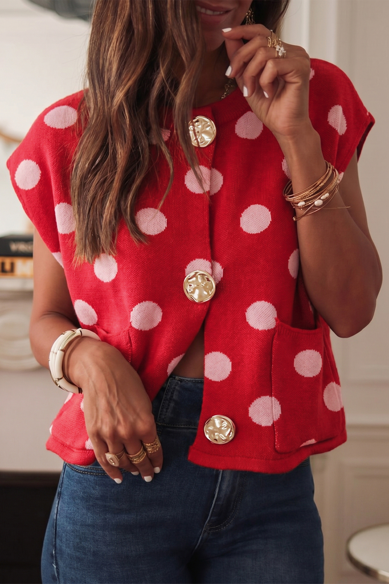 Vintage Style Polka Dot Knit Vest, Casual Round Neck Sweater - Detail View 5