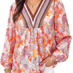 Women's Floral V Neck Blouse, Long Sleeve Casual Shift Top - Main View