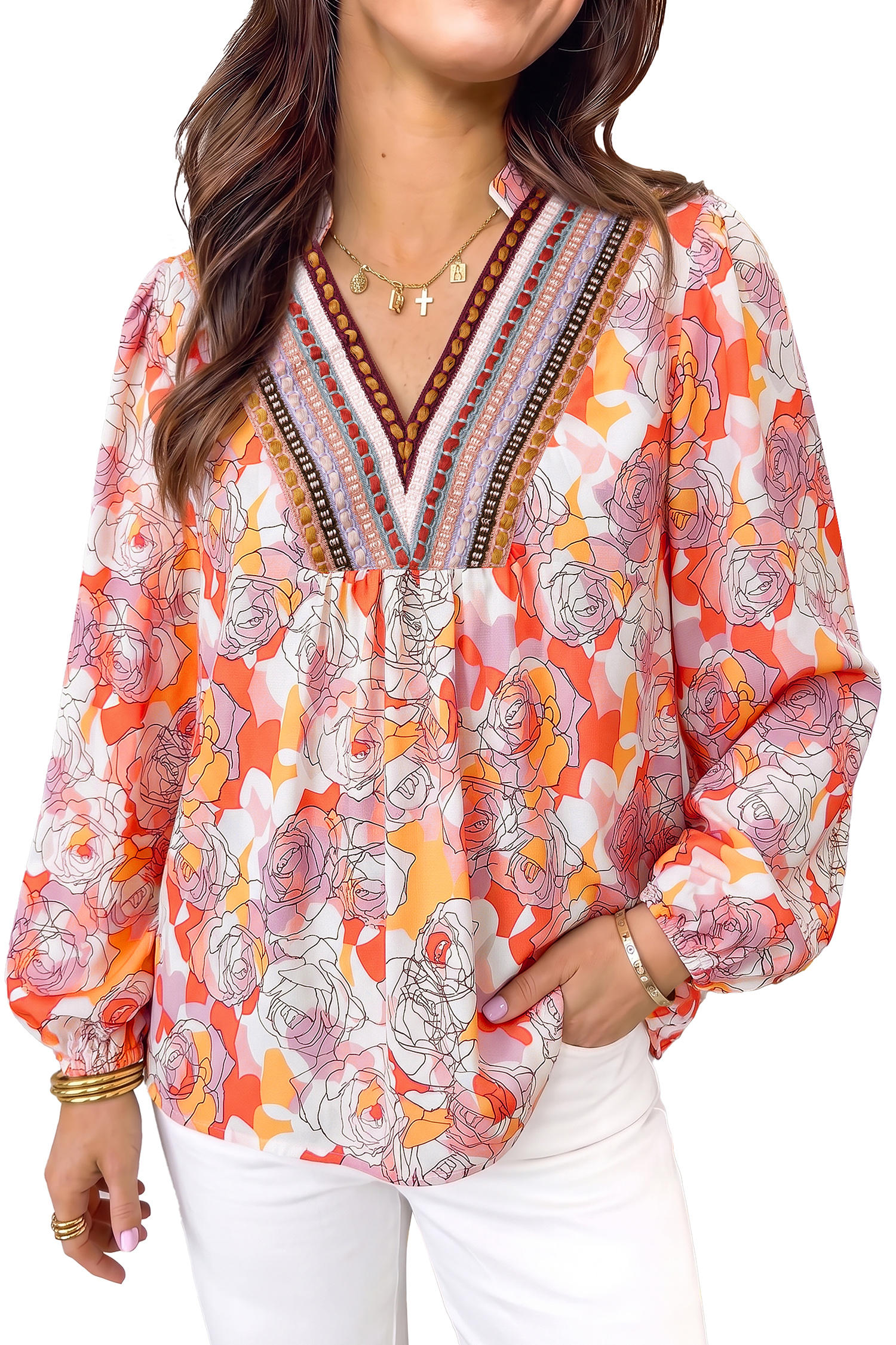 Women's Floral V Neck Blouse, Long Sleeve Casual Shift Top - Main View