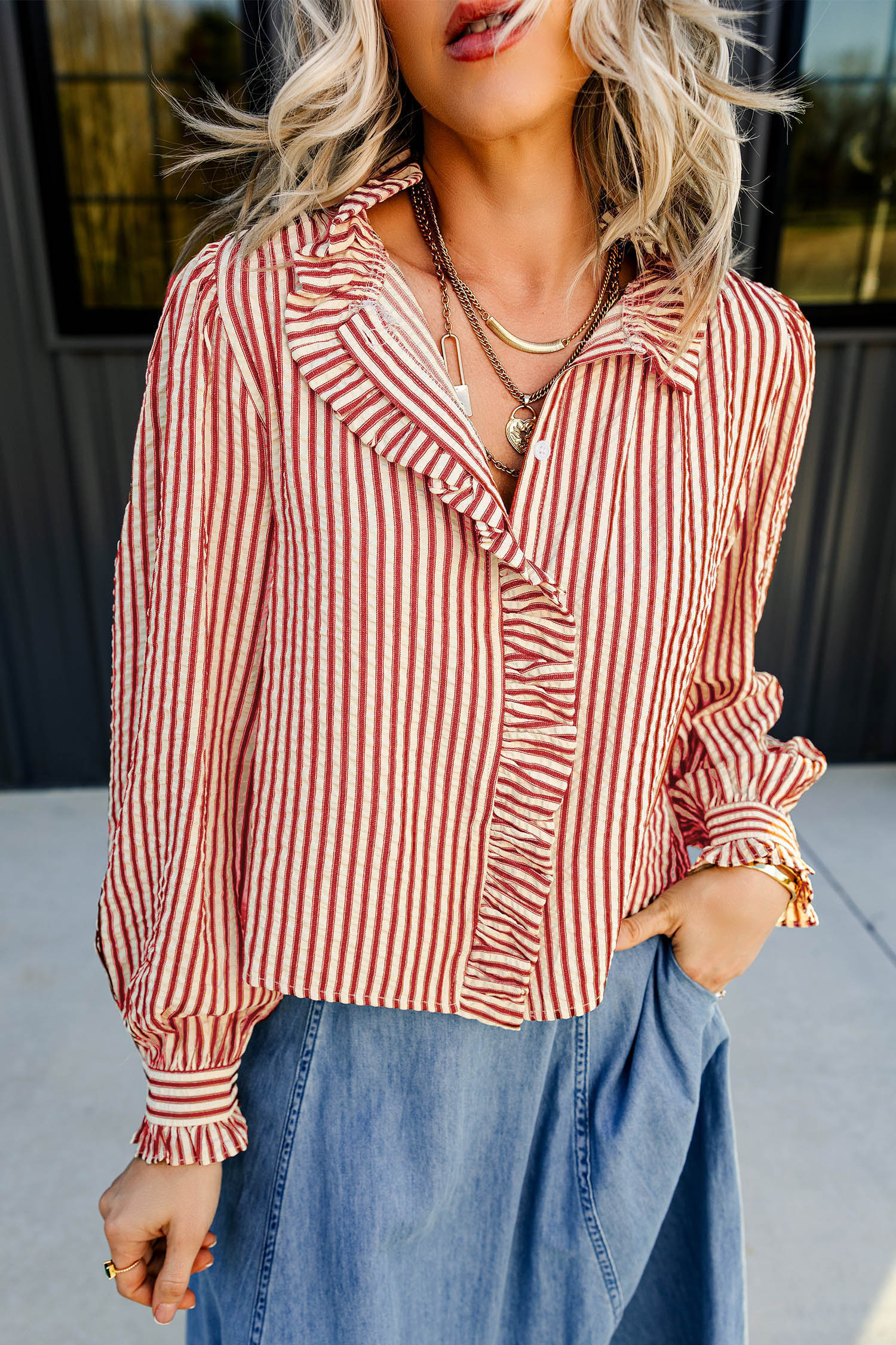 Vintage Style Striped Top, Ruffle Detail Long Sleeve Shirt - Detail View 3