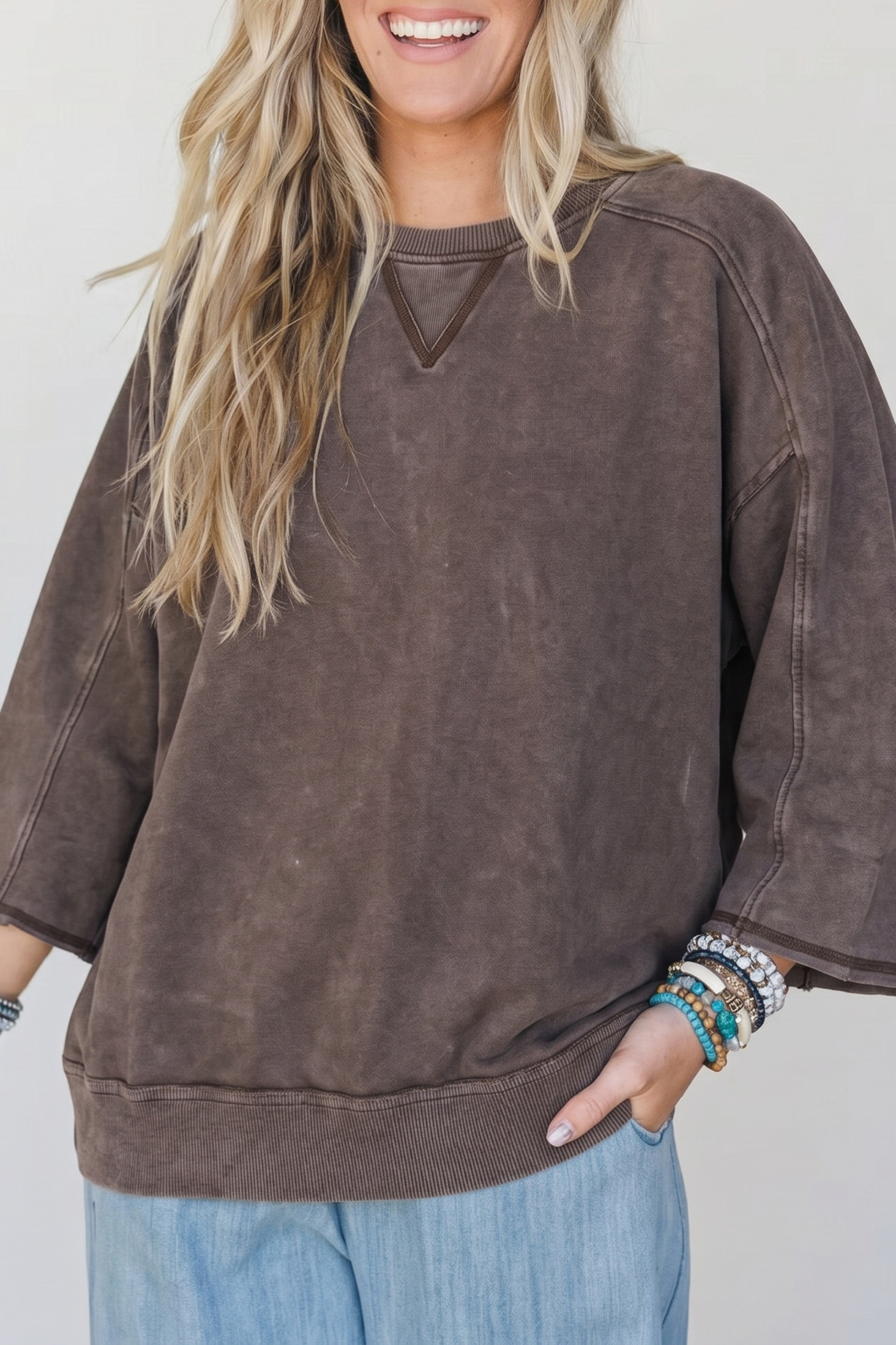 Vintage Style Cotton Pullover, Relaxed Dark Brown Round Neck - Detail View 14