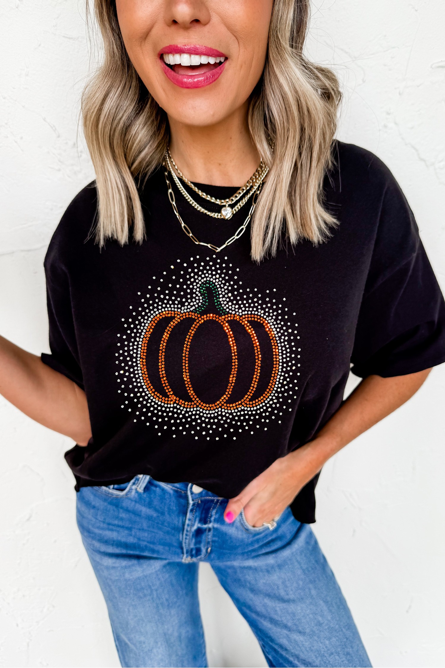 Women's Cotton Blend Tee, Cozy Rhinestone Pumpkin Top - Detail View 3