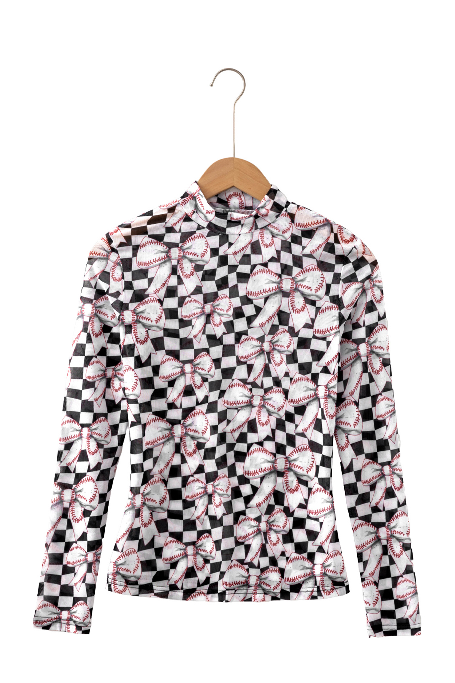 Womens Plaid Baseball Bow Print Top, Trendy High Neck Sheer - Detail View 2