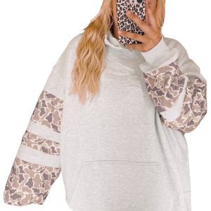 Camo Patchwork Long Sleeve Hoodie, Casual Women Sweatshirt - Main View