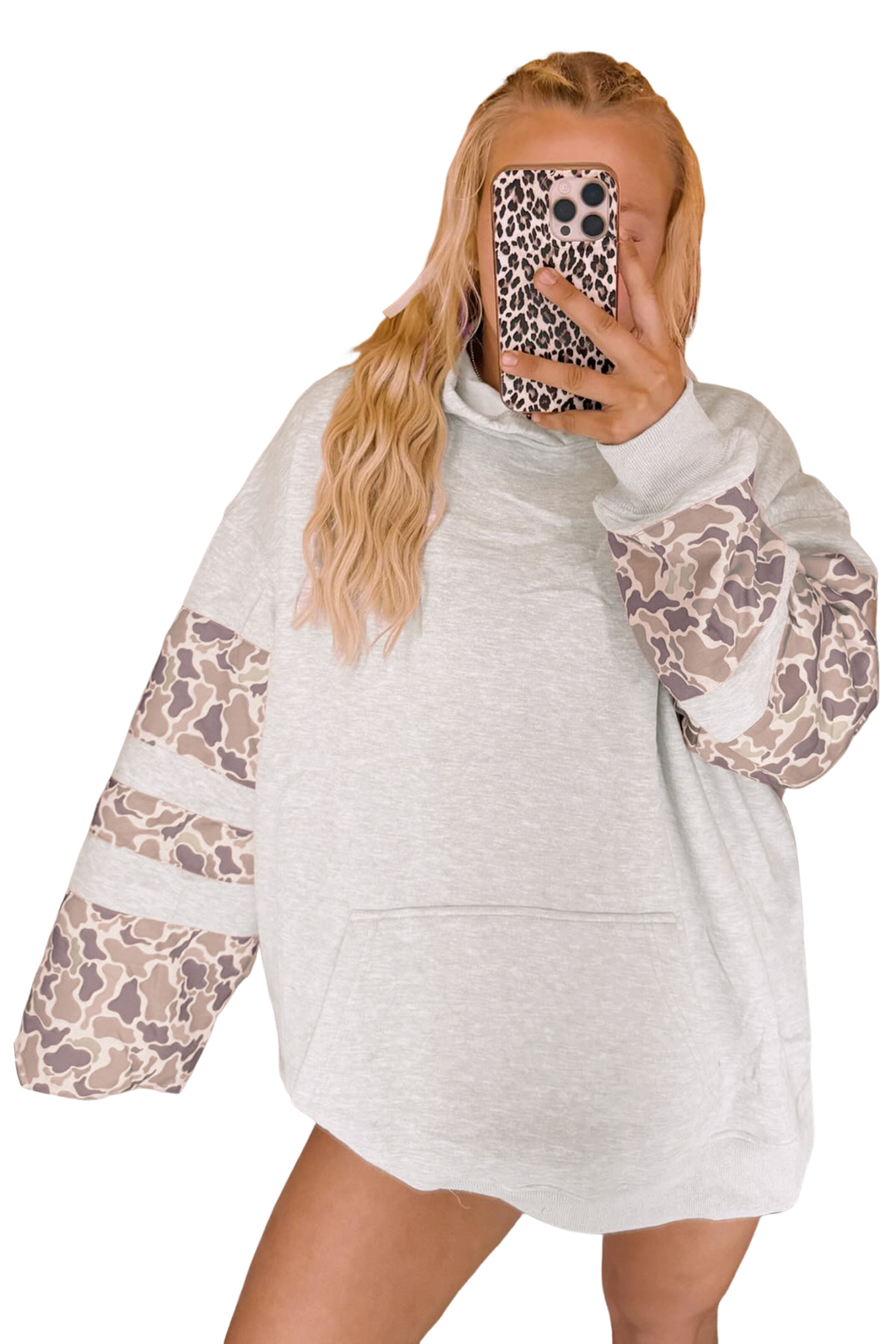 Camo Patchwork Long Sleeve Hoodie, Casual Women Sweatshirt - Main View