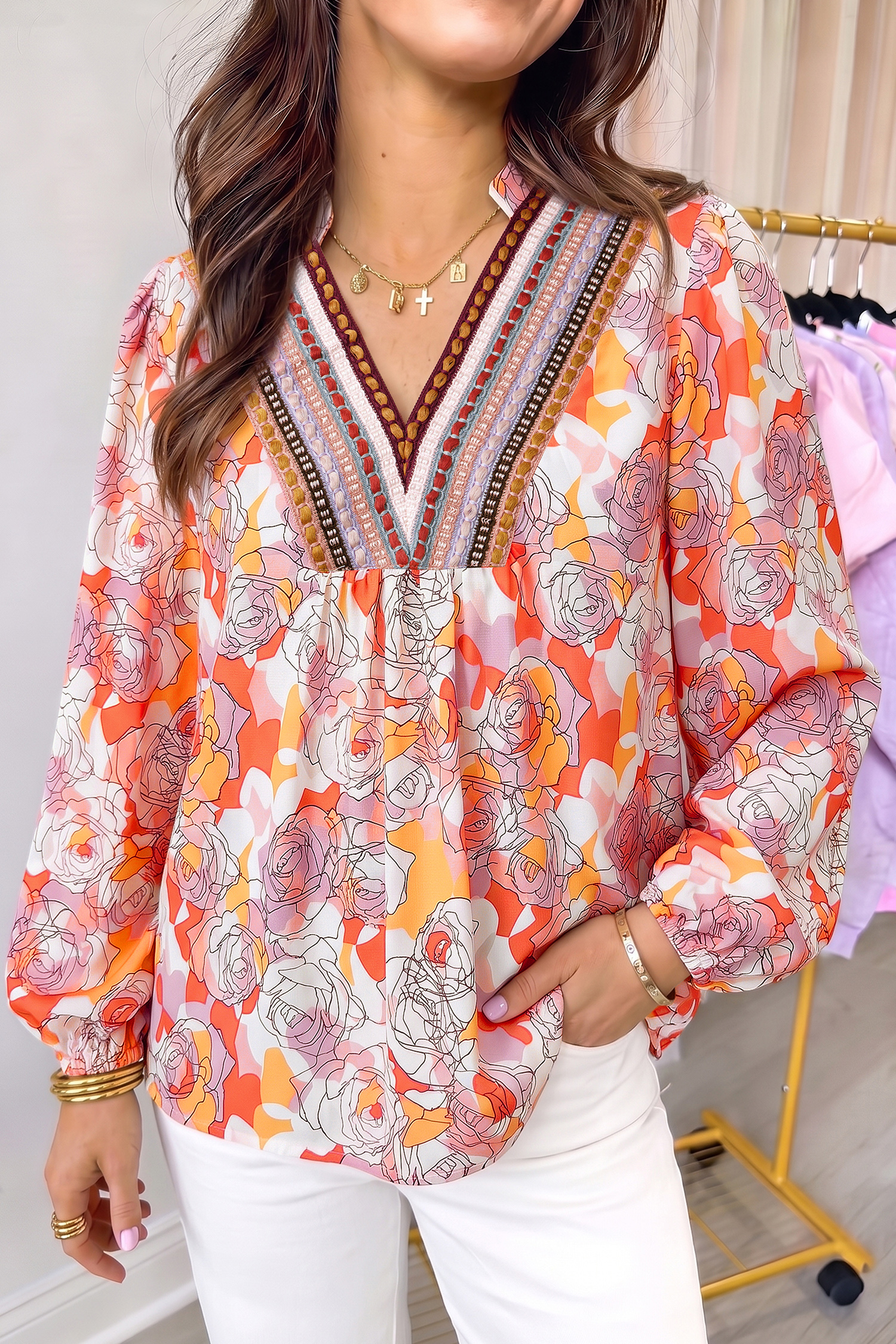 Women's Floral V Neck Blouse, Long Sleeve Casual Shift Top - Detail View 7
