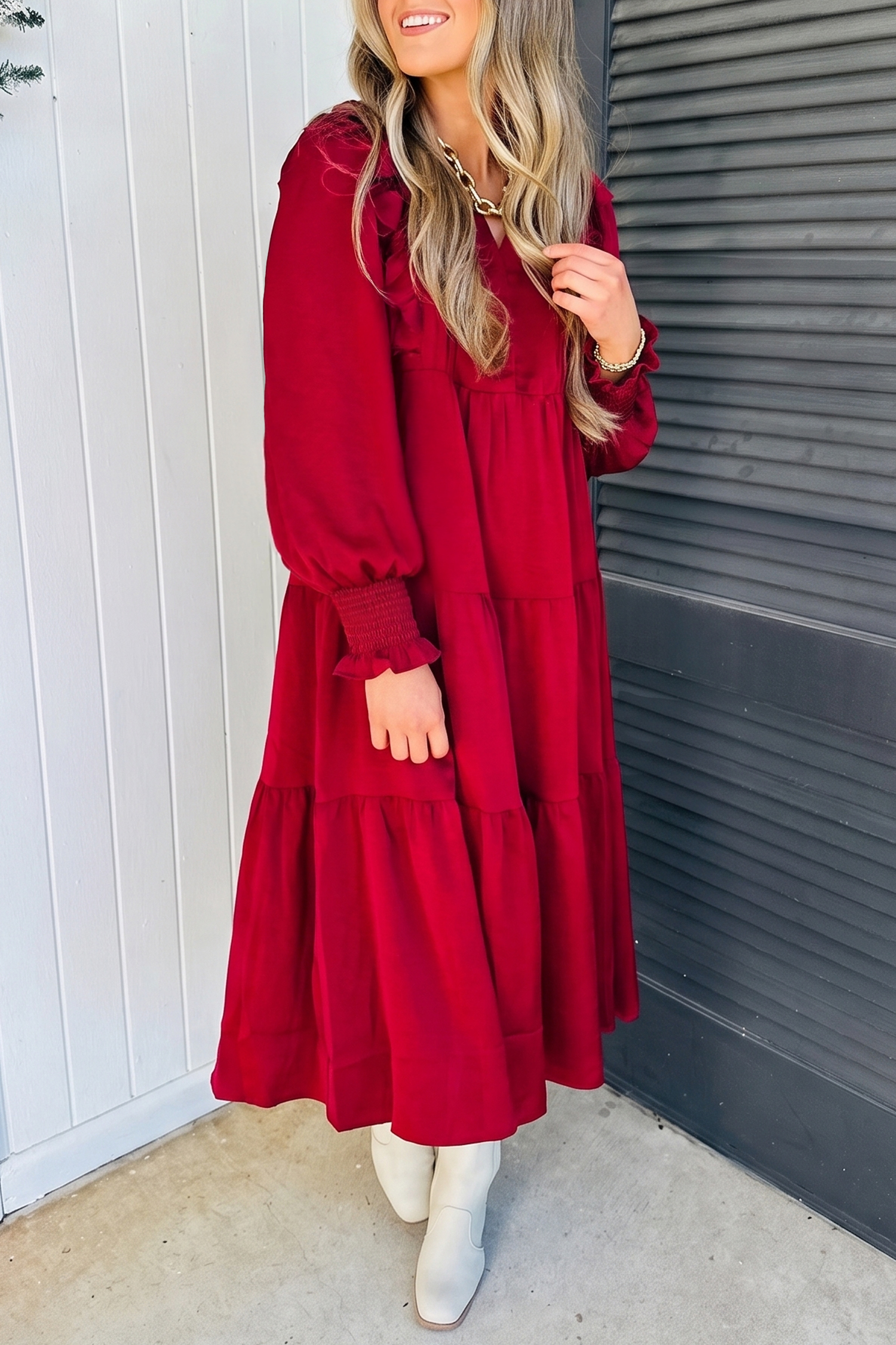 Casual Tiered Midi Dress, Women's Long Sleeve Fall Red Dress - Detail View 9
