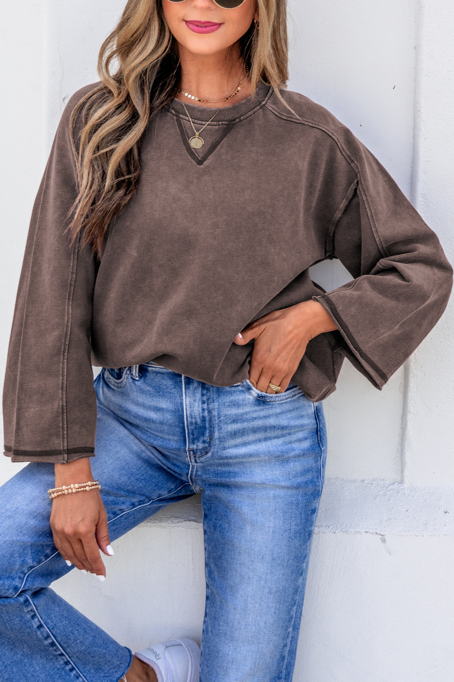 Women's Mineral Wash Sweatshirt, Casual Bracelet Sleeve Top - Detail View 16