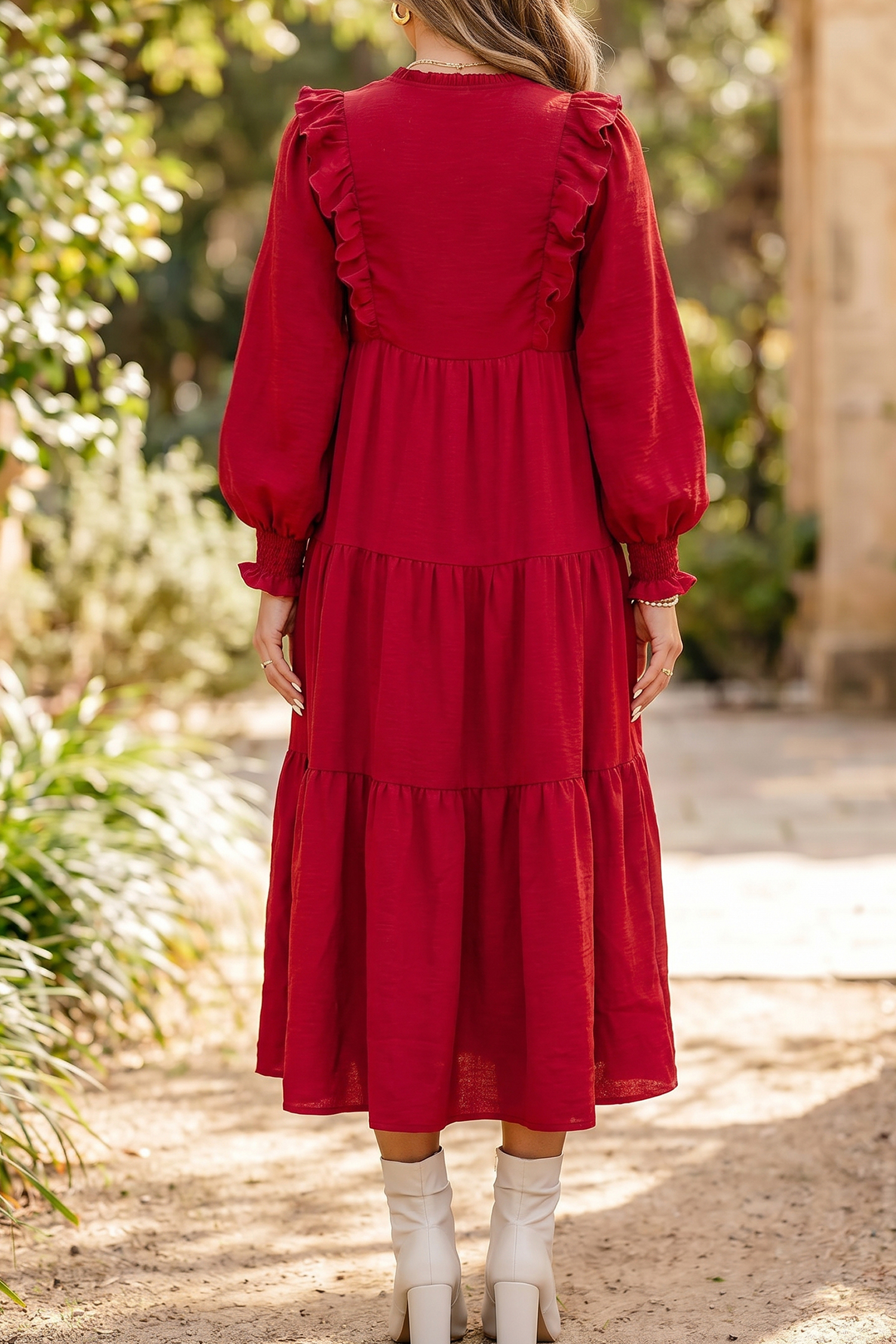Racing Red Midi Dress, Ruffle Trim Long Sleeve Autumn Outfit - Detail View 2