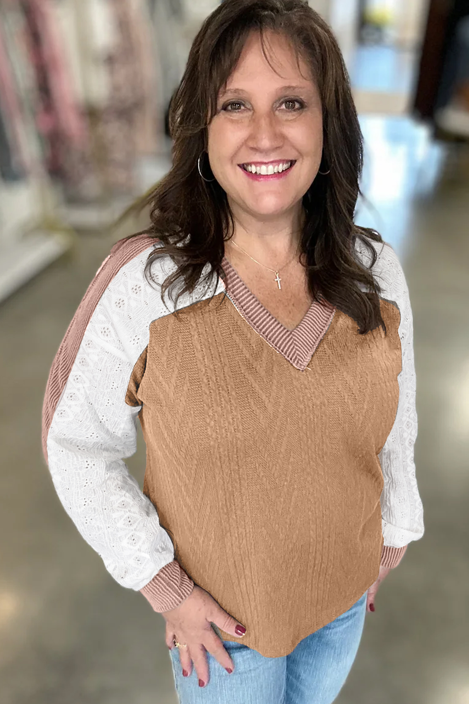 Women's Textured Patchwork Blouse – Casual Coffee Top - Detail View 5
