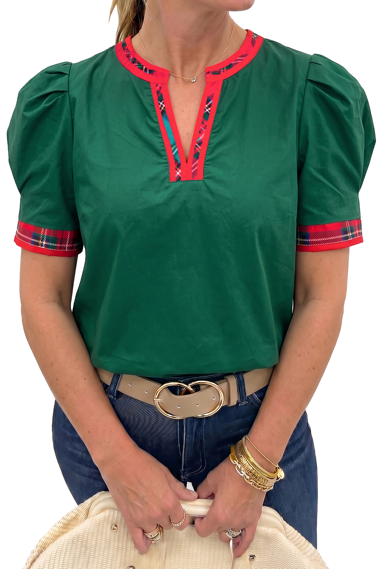 Women's Evergreen Blouse, Casual Short Sleeve Top - Main View