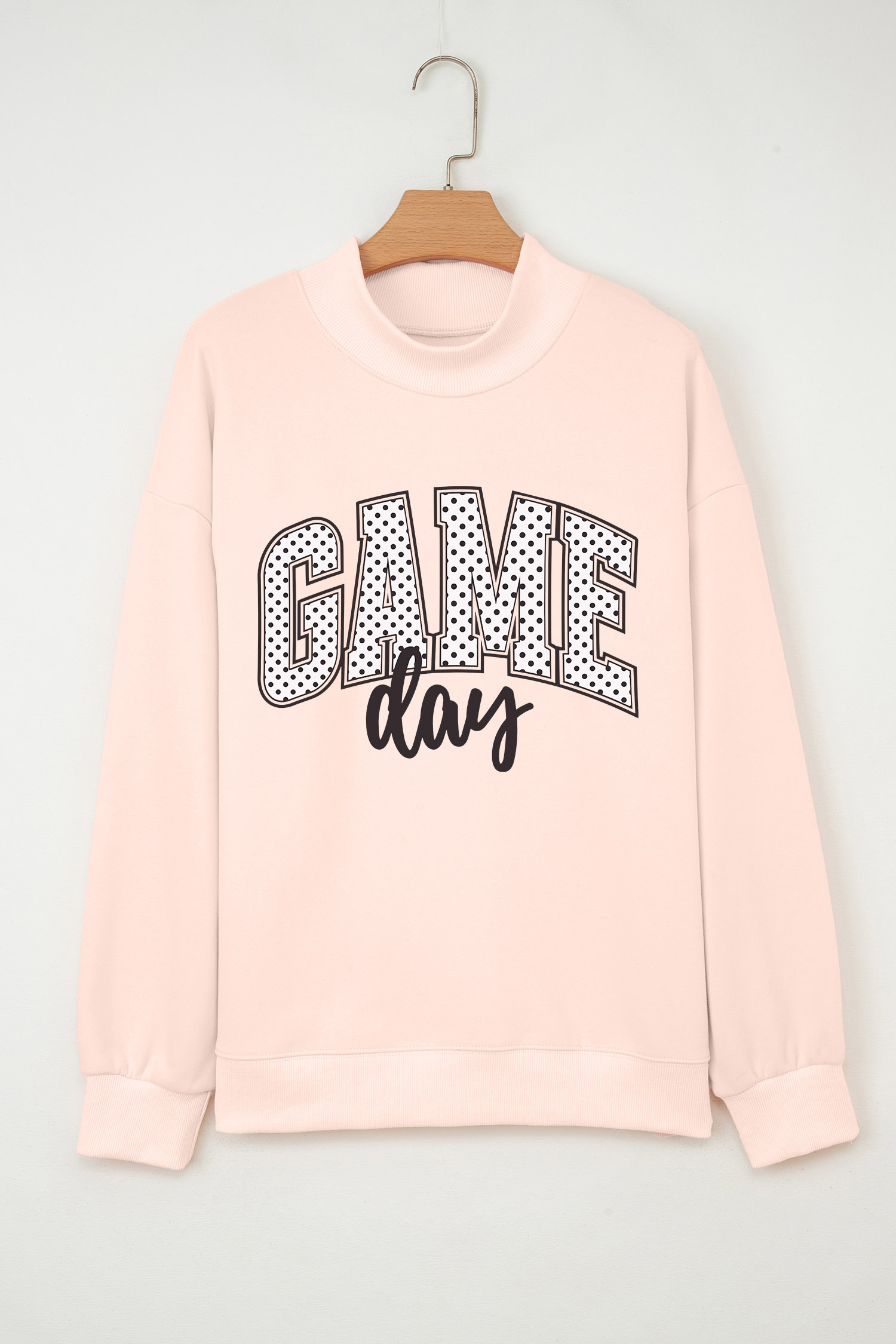 Women's Game Day Sweatshirt, Apricot Pink Mock Neck Graphic - Detail View 7