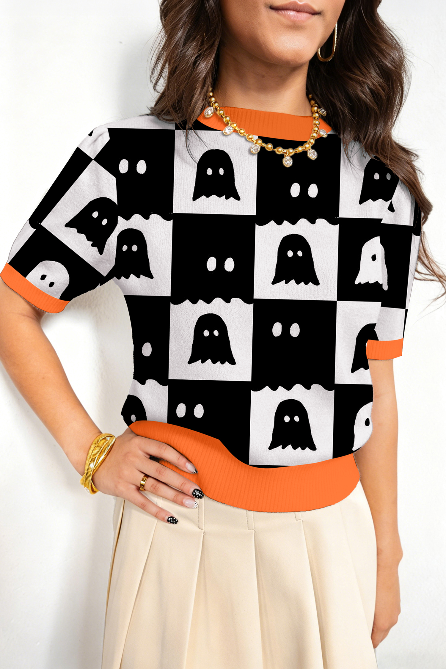 Halloween Ghost Knit Sweater, Women's Casual Short Sleeve Top - Detail View 7