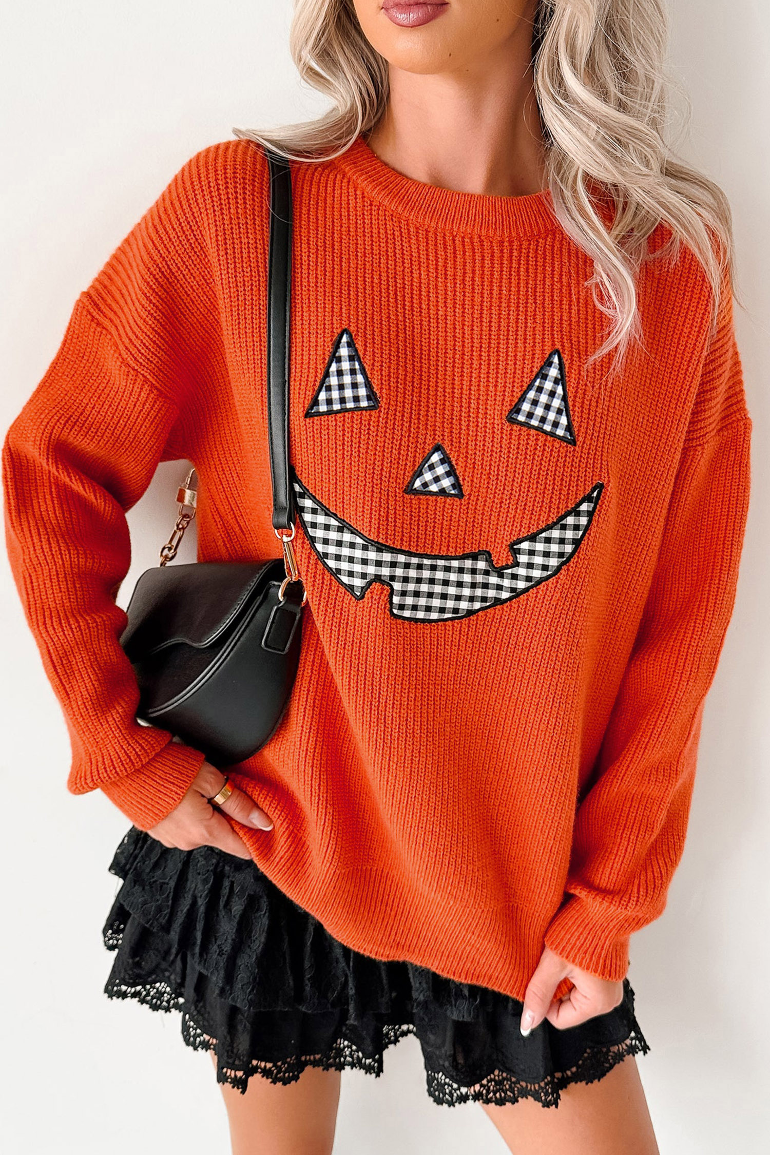 Women's Pumpkin Sweater, Cute Jack O Lantern Knit Top - Detail View 5