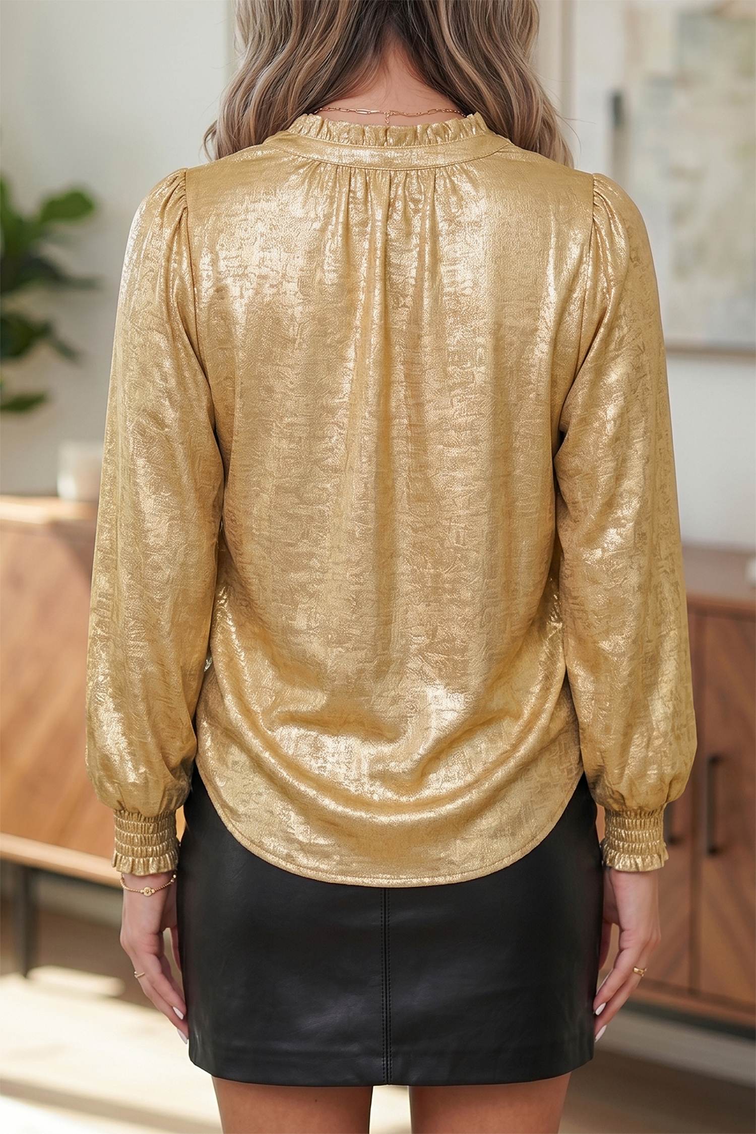 Gold Metallic Blouse, Work Office Gathered Cuff - Detail View 2
