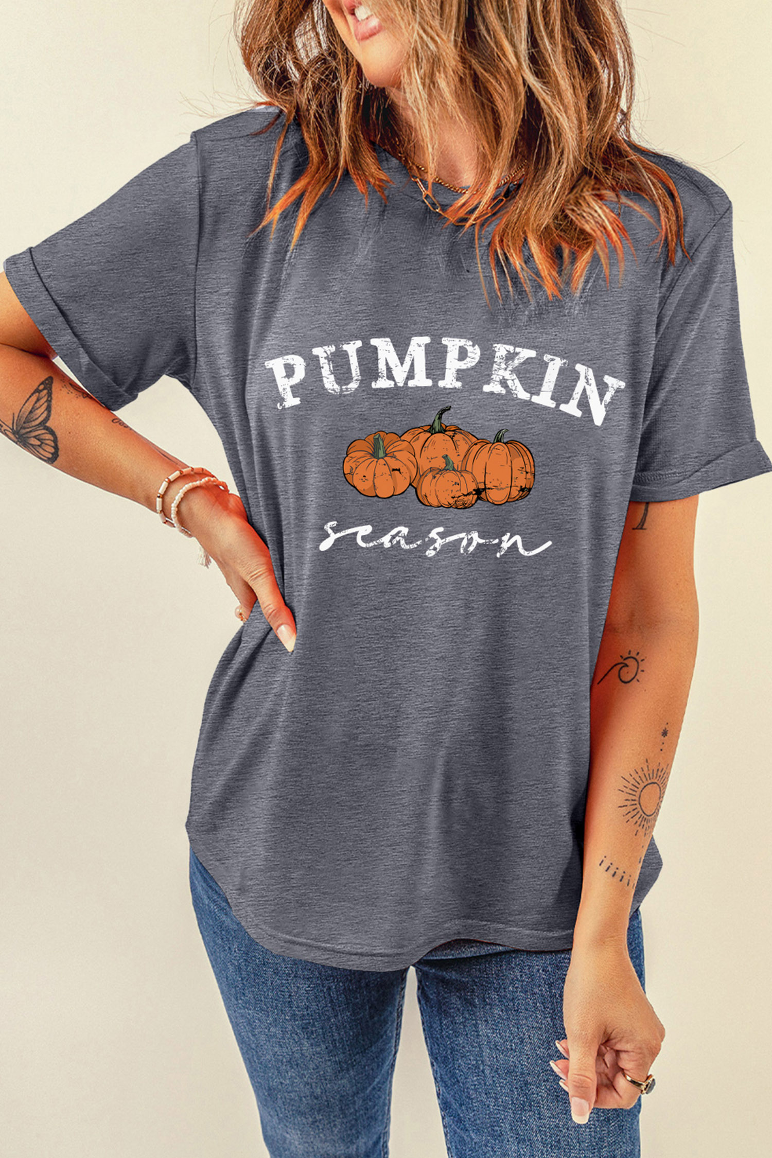 Gray Pumpkin Season Tee, Casual Women's Short Sleeve - Detail View 7