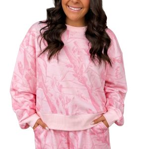 Women's Pink Abstract Lounge Set, Casual Long Sleeve Top - Main View