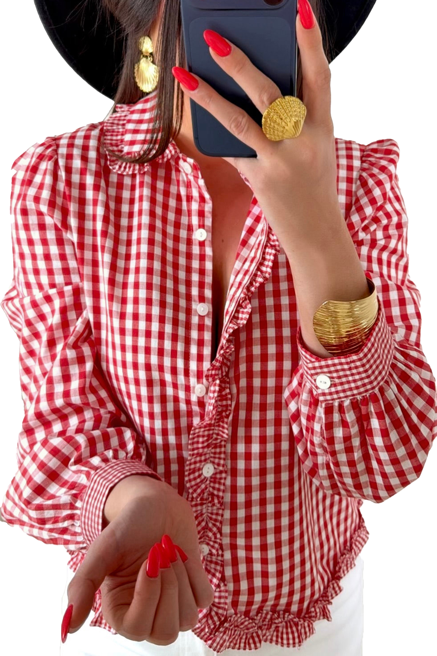 Women's Red Plaid Frill Shirt – Casual Button Down Blouse - Detail View 7