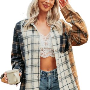 Women's Plaid Button Up Shacket, Casual Long Sleeve Top - Main View